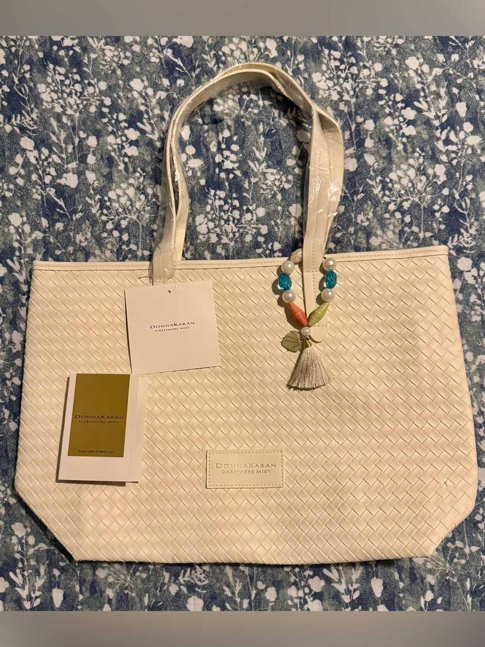 Donna Karan Cream Woven Tote with Bead Tassel Accent